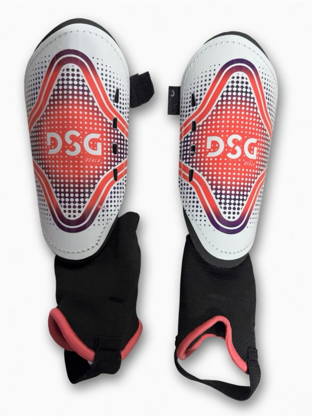 DSG White Shin Guards with Coral and Purple Gradient
